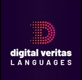 Logo mit Buchstaben "D" aus Pixeln, Text darunter: "digital veritas LANGUAGES".