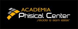Logotipo da "Academia Phisical Center" com o texto "saúde e bem estar" em fundo preto.