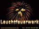 Feuerwerk am Nachthimmel mit Schrift "Leuchtfeuerwerk". Website und Telefonnummer unten.