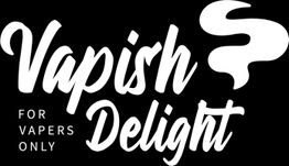 Text-Logo "Vapish Delight", darunter "For Vapers Only", weiß auf schwarzem Hintergrund.