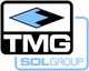 Logo mit schwarzem und blauem Rahmen, Text: "TMG" oben, "SOL GROUP" unten.
