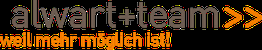 Logo mit Text: "alwart+team >> weil mehr möglich ist!" in Braun und Orange.