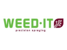 Logo van WEED-IT met groene letters en een rood blad.