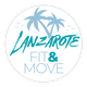 Logo con palmeras, aves y el texto "Lanzarote Fit & Move" en azul sobre fondo blanco.