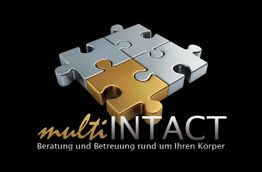 Puzzle-Teile in Silber und Gold mit Text "multiINTACT: Beratung und Betreuung rund um Ihren Körper".