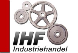 Zahnräder mit "IHF Industriehandel" Schriftzug auf weißem Hintergrund.