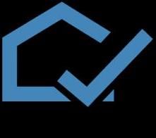 Blåt husformet ikon med et hak nederst, sort baggrund.