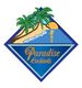 Logo mit Strand, Palmen, Meer und Text "Paradise Cocktails" auf blauem Hintergrund.