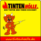 Roter Cartoon-Teufel mit Horn hält eine Spritze, Text: "Tintenhölle, der Tinten und Toner Discount".