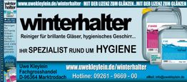 Winterhalter Werbung für Reinigungsmittel, Fachgroßhandel Uwe Kleylein, Kontaktinfos sichtbar.