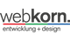 "Logo mit Text: webkorn. entwicklung + design, unterstreicht mit roten, grünen und blauen Linien."