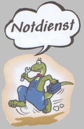 Comic-Dinosaurier in Latzhose läuft mit Werkzeug und Koffer. Sprechblase: "Notdienst".