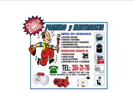 Anuncio de servicios de plomería y electricidad, incluye lista de servicios y contacto.