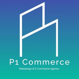 Logo von P1 Commerce, Webdesign und E-Commerce Agentur auf blau-grünem Hintergrund.