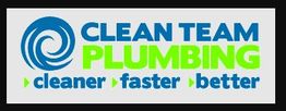 "Clean Team Plumbing logo with tagline: cleaner, faster, better, in blue and green text."