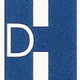Blaues Rechteck mit weißem Buchstaben "D" und blauem Buchstaben "H".