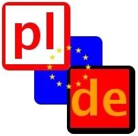Drei farbige Quadrate mit "pl", "de" und EU-Sternen in der Mitte.
