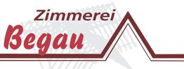 Logo der Zimmerei Begau mit stilisiertem Hausdach in Rot- und Grautönen im Hintergrund.
