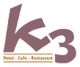 Logo mit stilisiertem Schriftzug "k3" und Text "Hotel - Cafe - Restaurant" in Braun.