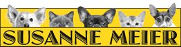 Hunde- und Katzenköpfe über gelbem Hintergrund mit Schriftzug "SUSANNE MEIER" in Schwarz.