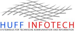 Logo mit grauem Netz, blauem Schriftzug "HUFF" und rotem "INFOTECH", darunter feiner Text.
