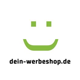 Grünes Smiley-Gesicht mit Text "dein-werbeshop.de" darunter, auf weißem Hintergrund.