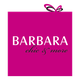 Magenta Geschenkbox mit der Aufschrift "BARBARA chic & more" in Weiß und Schwarz.