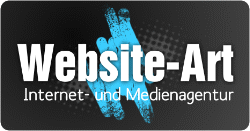 "Logo mit Text: 'Website-Art, Internet- und Medienagentur', blauer Handabdruck im Hintergrund."