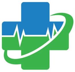 Green and blue medical cross with a heartbeat line and a swoosh.