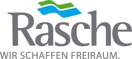 Logo mit Schriftzug "Rasche" und Slogan "Wir schaffen Freiraum". Oben sind grüne und blaue Wellen.