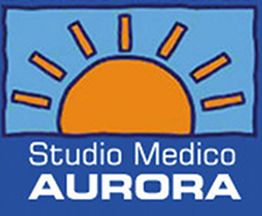 Logo di uno studio medico con sole arancione e scritta "Studio Medico AURORA" su sfondo blu.