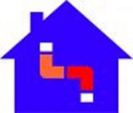 Blue house icon with orange and red pipe design inside.