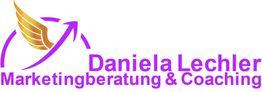 Logo mit Flügel und Pfeil, Text: "Daniela Lechler Marketingberatung & Coaching" in Lila.
