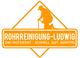 Rohrreinigung-Ludwig Logo, orange, mit Silhouette eines Arbeiters und Text: 24h Notdienst.
