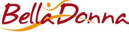 Schriftzug "Bella Donna" in Rot mit gelben Schwunglinien und stilisierter Figur.