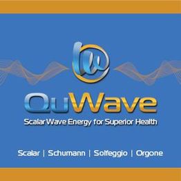 Logo with "QuWave" text, tagline "Scalar Wave Energy for Superior Health," blue and orange design.