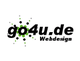 Logo mit schwarzem Text "go4u.de Webdesign" und grünem, gesprenkeltem Hintergrund.