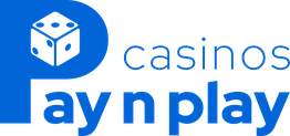 Blauw logo met tekst: "Pay n Play casinos" en een dobbelsteen in de letter "P".