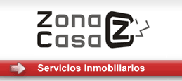 Logotipo de Zona Casa Z sobre fondo blanco y cinta roja que dice "Servicios Inmobiliarios".