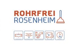Rohrfrei Rosenheim Logo mit Symbolen für Reinigung, Notfälle, Inspektion und 24/7-Service.