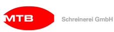 Logo der MTB Schreinerei GmbH mit rotem Oval und weißem Text.