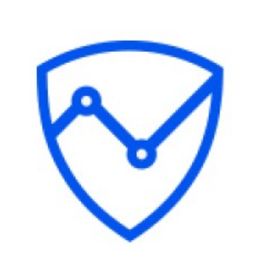 Escudo azul con gráfico de línea ascendente en su interior.