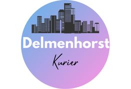 Rundes Logo mit Stadtsilhouette, Text "Delmenhorst Kurier" auf lila-blauem Hintergrund.