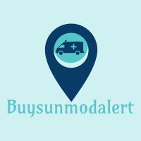 Map pin with ambulance icon and text "Buysunmodalert" on a light blue background.