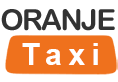Tekst logo met "ORANJE" in zwart en "Taxi" in wit op een oranje achtergrond.