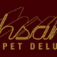 Logo mit goldenem Text "ehsan Carpet Deluxe" auf dunkelrotem Hintergrund.