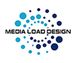 Kreisförmiges Logo aus blauen Punkten mit dem Text "Media Load Design" in der Mitte.