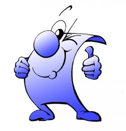 Blaues Cartoon-Zeichen mit großem Kopf und Daumen hoch, lächelnd und fröhlich.