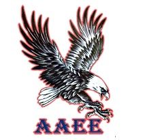 Águia voando com garras abertas sobre as letras "AAEE". Fundo branco.