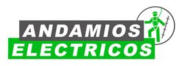 Logotipo con texto "Andamios Eléctricos" y figura de trabajador escalando un poste.
